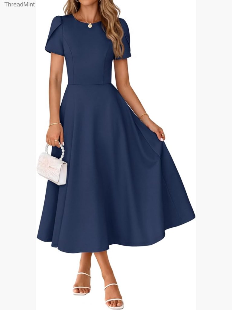 Summer Midi Dress With Pockets, A-Line Pleated, Formal Wedding Guest